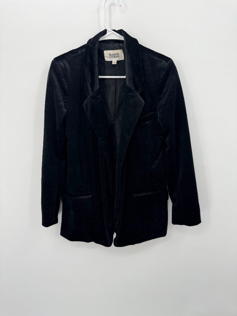 BB Dakota Steve Madden Black Velvet Longline Blazer Size Small Open Front Jacket